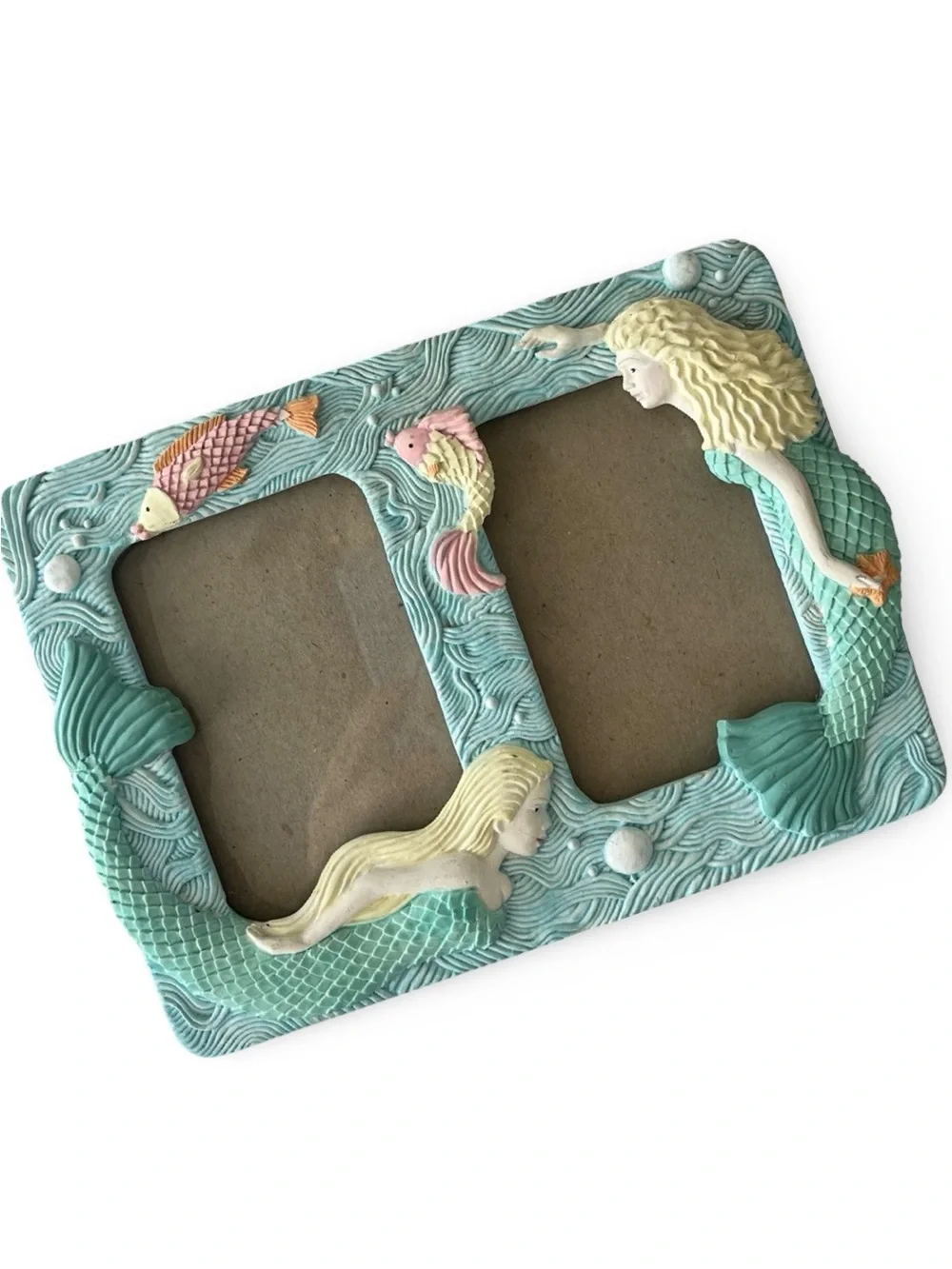 Vintage Fetco Ceramic 3D Mermaid Double Photo Picture Frame Fish Beach Blue